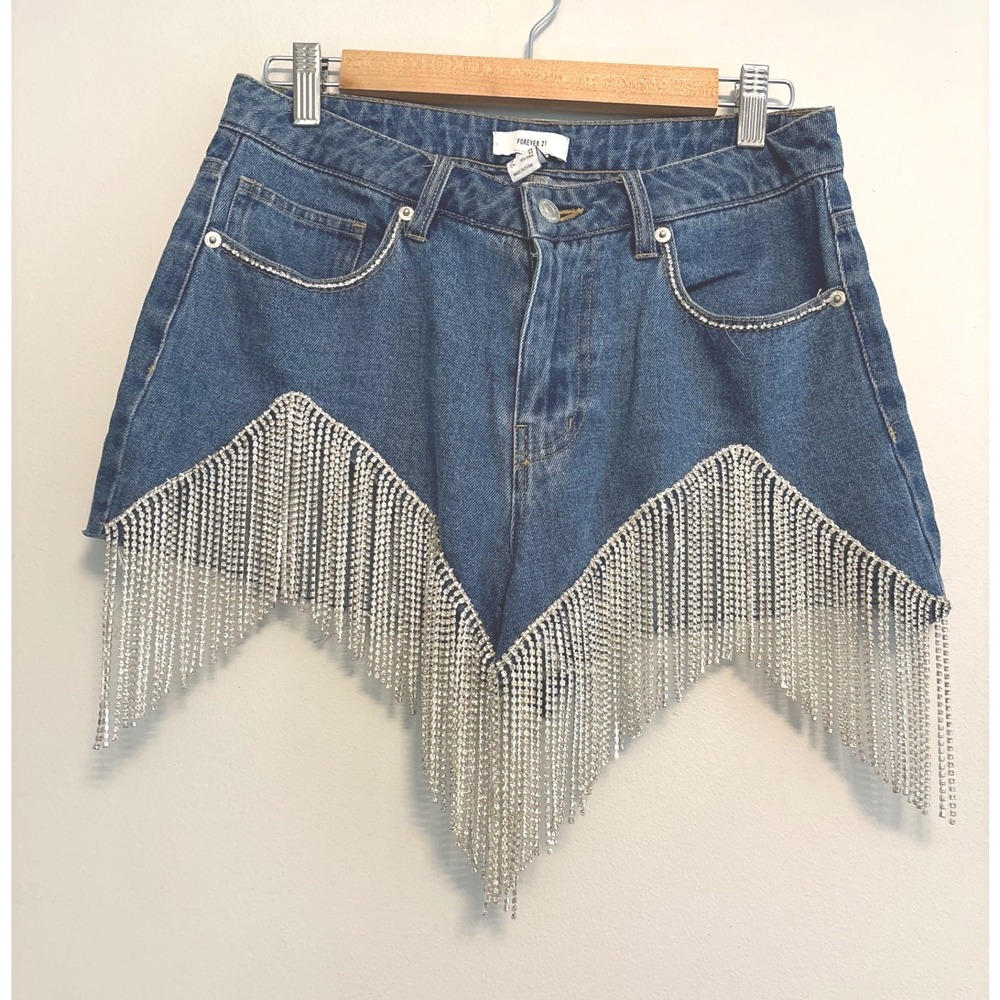 Forever 21 Rhinestone Fringe Denim Shorts– Festival Western‎ Cowgirl Style